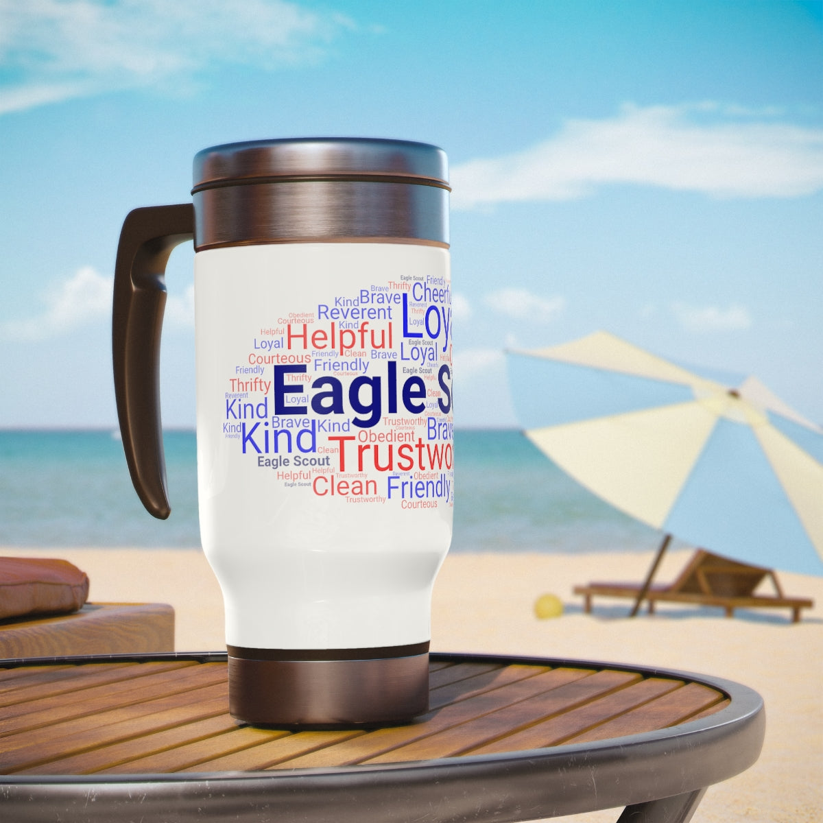Eagle Scout Word Cloud - Stainless Steel Travel Mug with Handle, 14oz
