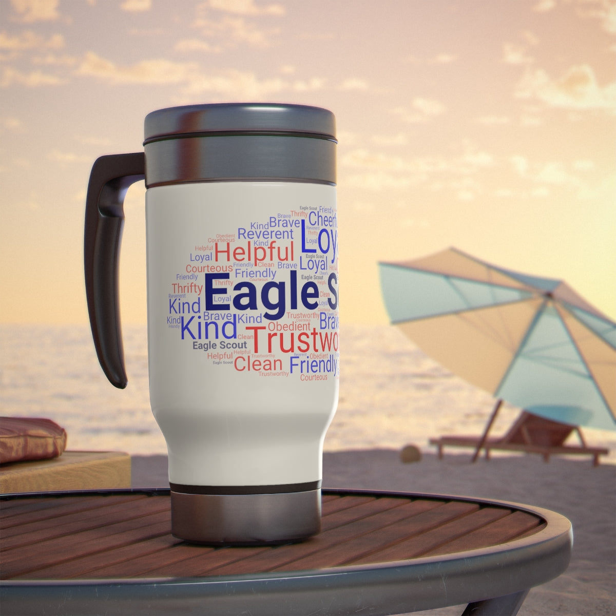Eagle Scout Word Cloud - Stainless Steel Travel Mug with Handle, 14oz